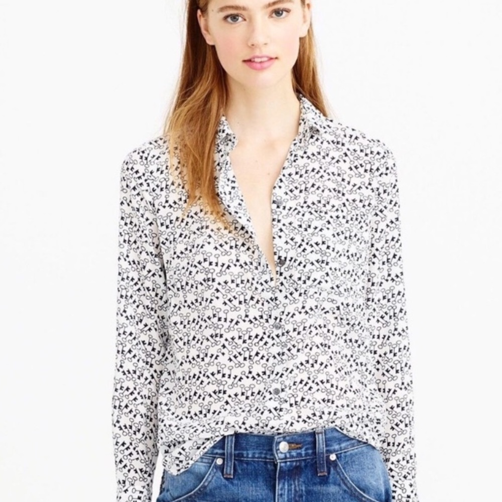 NWOT J. Crew silk key pattern navy white blouse 2